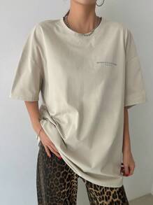 DAZY Women's Loose Casual T-Shirt With Slogan Print And Dropped Shoulder Short Sleeve, Summer Oversized T-Shirt