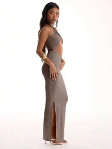 MUSERA Slinky Cross Front Cut Out Maxi Dress Elegant Spring Summer Vacation Long Dress Graduation Prom - Brown - View 4