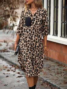 Plus Size Women Loose Leopard Print Shirt Collar Long Sleeve Dress, Casual Comfortable Vacation Style, Fashionable Romantic Elegant Autumn Dress, Suitable For Valentine's Day, New Year - Multicolor - View 3
