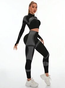 Easithlete Áo khoác yoga liền mạch và quần legging & Bộ đồ thể thao bó màu tập luyện cho nữ Bộ đồ tập luyện cho nữ Bộ quần legging cho nữ - màu đen - Xem 4
