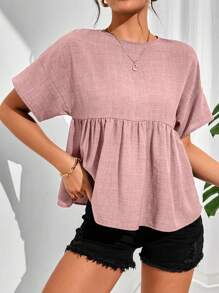 SHEIN Essnce Women's Summer Solid Color Round Neck Batwing Short Sleeve Ruffle Hem Loose Babydoll Top - Pink - View 3