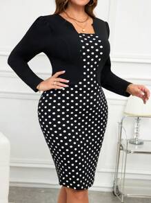 SHEIN Clasi 大码纯色拼布长袖及膝休闲连衣裙 - 黑與白 - 查看 1