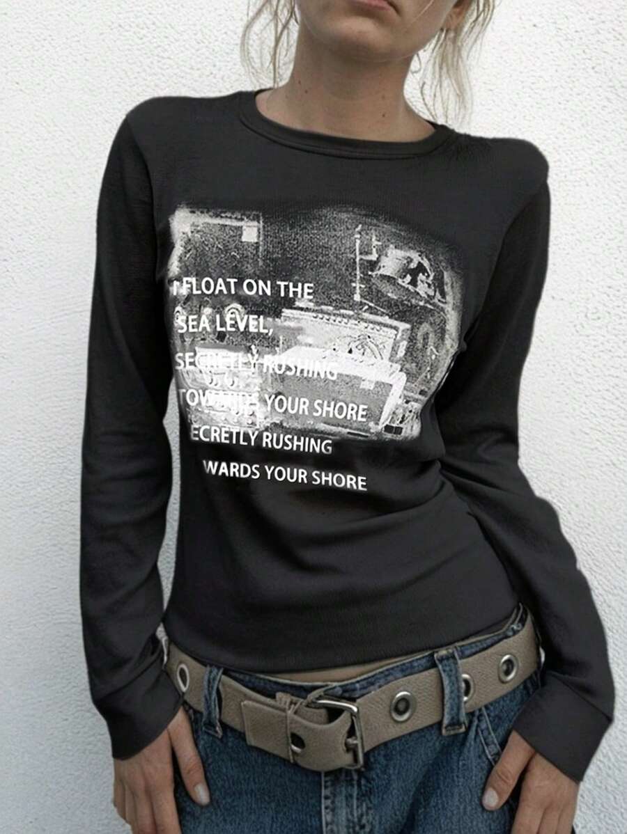 INAWLY 女士印花圆领长袖休闲T恤，夏季春季图案T恤女式上衣 - 香檳色 - 查看 1