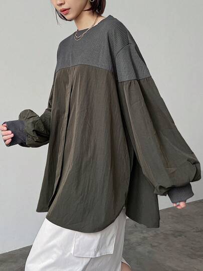 FRIFUL Women's Oversized Contrast Color Hem T-Shirt,Fall Clothes Long Sleeve Women Tops