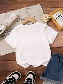 SHEIN Áo phông ngắn tay cổ tròn thoải mái dành cho bé gái mới biết đi, mùa hè - trắng - Xem 2