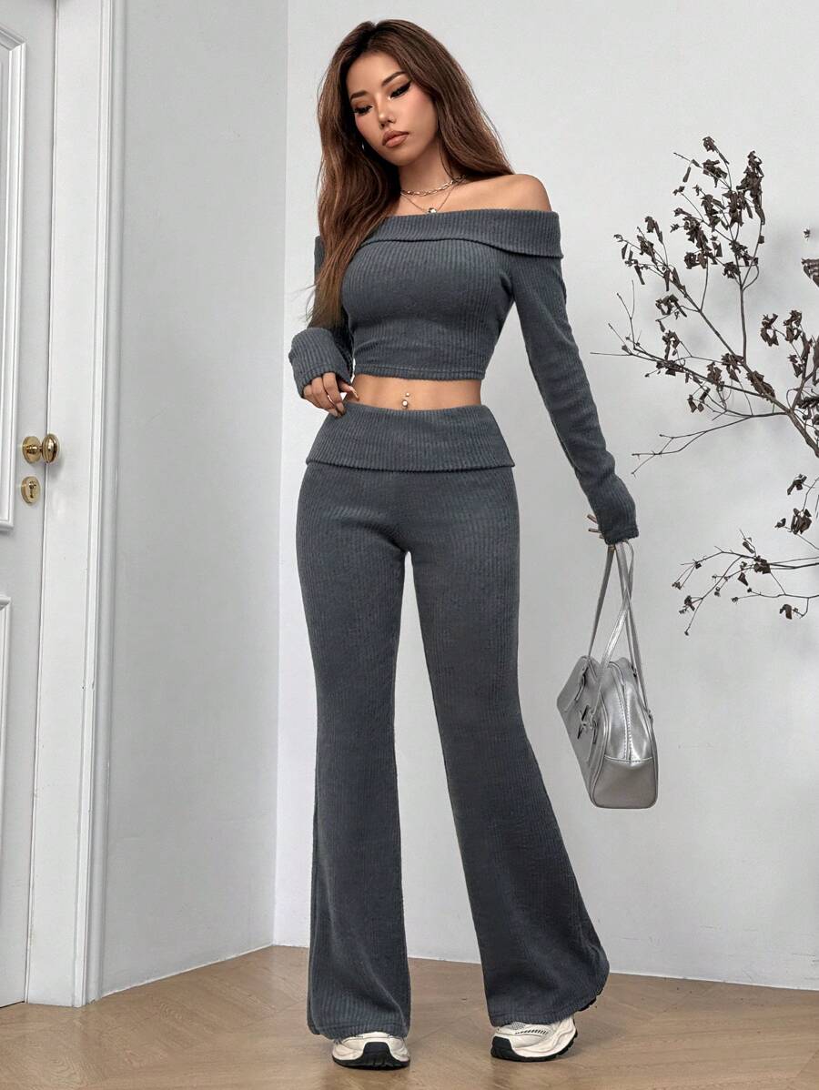 SHEIN EZwear 2pcs Women's Solid Off Shoulder Long Sleeve Cropped Top And Flare Pants Fashion Set, Spring Summer - Grey - View 1