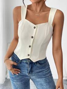 Chiquease Summer Casual Solid Color Front Button Tank Top - Apricot - View 1