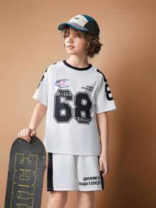 SHEIN Conjunto de 2 piezas para niño preadolescente con camiseta de manga corta con estampado gráfico holgada informal y pantalones cortos