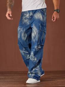 Manfinity EMRG Men's Plus Vintage Washed Baggy Jeans With Multiple Pockets, Medium Blue - Teal Blue - View 5