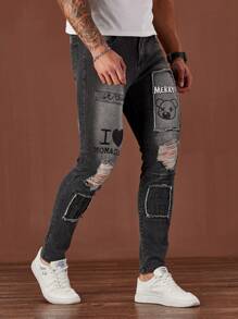 Manfinity LEGND Jeans pitillo de calle negros de denim con estampado de letras para hombres - Negro - Ver 1