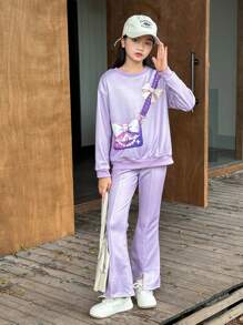 SHEIN 2pcs/Set Girls' Purple Floral Print Hoodie Sweatshirt And Pants Set - Purple - View 1