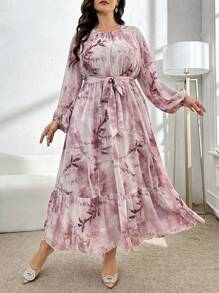 Modelyn Plus Size Round Neck Long Sleeve Allover Print Waist Tie Elegant Dress, Full Cover Dress For Casual Daily/Work/Holiday/Evening Parties/Wedding Guest Long Evening Dresses