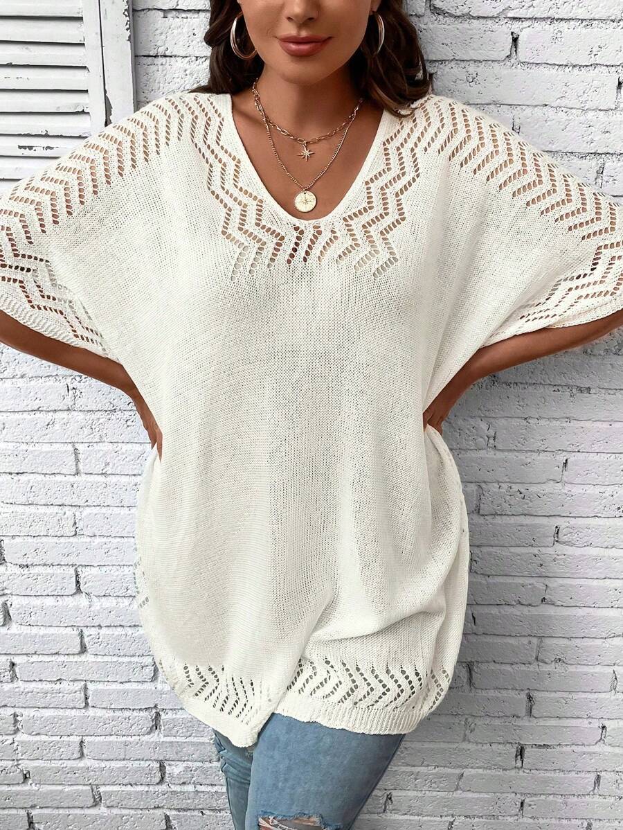 SHEIN Swim Curve Baju Penutup Kasual Musim Panas Ukuran Besar Warna Polos Lengan Kelelawar Berongga - Aprikot - View 1