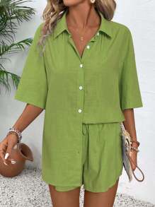 EMERY ROSE Solid Button Front Blouse& Drawstring Waist Shorts - Lime Green - View 5
