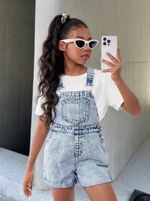 SHEIN Tween Girls' Stretch-Free Casual Denim Romper