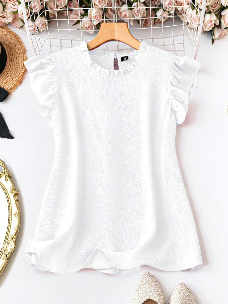 DreamSkyne Plus Size Summer Casual Solid Color Cap Sleeve Shirt - White - View 1