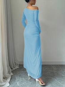 Elenzga Elegant Ladies' Spring/Summer Solid Color Asymmetric Collar Long Sleeve Side Slit Hem Dress Maxi Women Outfit