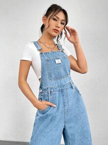 SHEIN EZwear 女士休闲牛仔背带裤，春夏 - 淺色水洗藍 - 查看 6