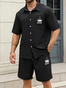 Manfinity Homme 2pcs Men's Button Down Crown Print Short Sleeve Shirt And Drawstring Fashion Shorts Set - Black - View 4