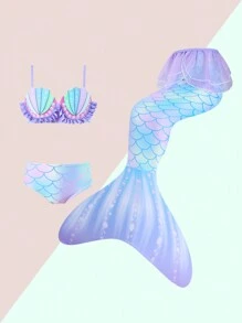 SHEIN 年轻女孩 3 件套印花比基尼套装带荷叶边，两件套，泳衣 - 彩色 - 查看 2