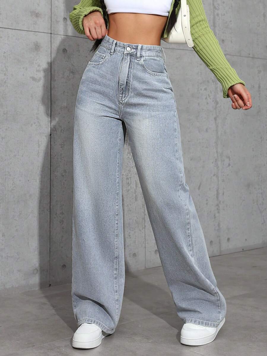 SHEIN Tall Jeans rectos de cintura alta lavados con bolsillos para mujer - Lavado ligero - Ver 1