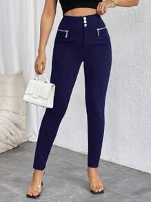 Firerie High Waist Button Zipper Skinny Pants - Navy Blue - View 6