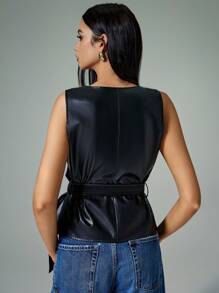 SHEIN Frenchy 女士纯色无袖围腰时尚 PU 皮革休闲夹克，春秋季 - 黑色 - 查看 3