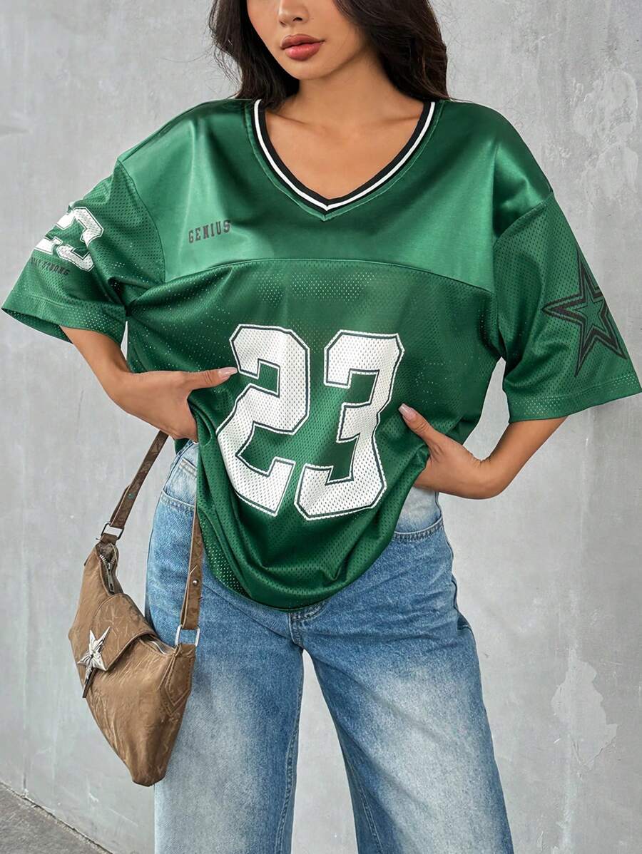 SHEIN EZwear Women's Knit Mesh Loose T-Shirt With Race Number Print - Dark Green - View 1