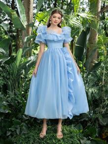 Vestido de fiesta de graduación Faeriesty con cuello cuadrado, mangas abultadas, volantes y organza. Perfecto para volver al colegio, reuniones, bailes y eventos de cóctel - Celeste - Ver 7