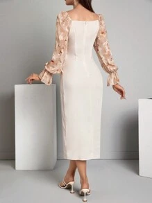 Modelyn Váy chữ A dài tay cổ vuông in hình xếp nếp vừa vặn & thanh lịch cho nữ - Nhiều màu - Xem 2