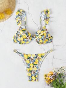 Swim Mod Women's Summer Beach Lemon Print Ruffle Hem Sexy Bikini Set, Random Print - Multicolor - View 2