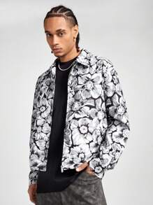 Manfinity VCAY Men's Digital Print Loose Fit Long Sleeve Jacket, For Fall Winter - Black and White - View 3