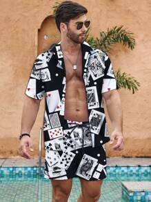 Manfinity Swimmode Large Size Men's Revere Collar Allover Print Short Sleeve Top & Front Tie Hem Beach Shorts Set