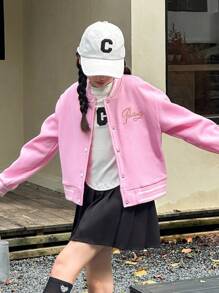 SHEIN Tween Girl Collegiate Style Casual Sports Colorblock Flat Knit Letter Grafisch Kort Roze Jasje Buitenkleding