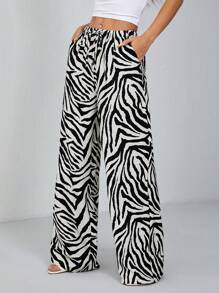 SHEIN PETITE Women's Fashionable Animal Print Zebra Print Wide Leg Pants - Black - View 6