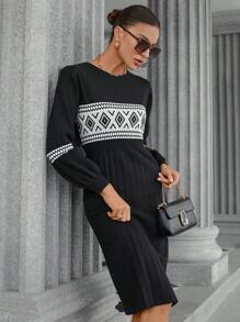 SHEIN Privé Boho Style Premium Quality Waist Cinching Colorblock Jacquard Knit Sweater Dress - Black - View 4