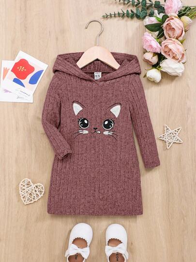 Cute Cartoon Cat Pattern Knitted Hooded Long Sleeve Dress For Baby Girl