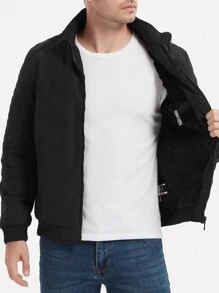 Manfinity Homme Abrigo acolchado casual de unicolor con cuello alto para hombres, abrigo de invierno cálido de peluche negro para el invierno