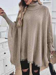 SHEIN LUNE Poncho de punto con cuello alto, mangas de murciélago y bajo asimétrico, Tops de manga larga, Suéter de punto para otoño e invierno - Caqui - Ver 3