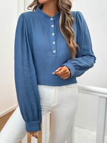 SHEIN LUNE Áo sơ mi nữ giản dị đơn giản màu xanh - Màu xanh lam - Xem 5