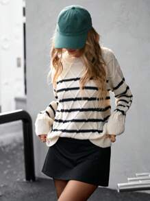Femmeiva Elegant Retro Colorblock Black And White Striped Design Loose Crew Neck Long Sleeve Sweater For Women, Autumn, Knit Pullover Fall Winter - Black and White - View 5