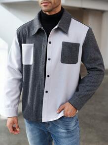 SHEIN Manfinity Homme Plus Size Men's Contrast Color Pocket Long Sleeve Casual Shacket, Spring Autumn - Multicolor - View 5