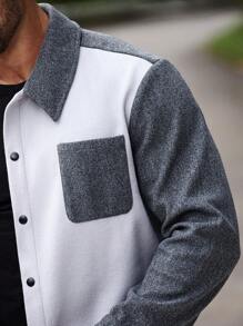 SHEIN Manfinity Homme Plus Size Men's Contrast Color Pocket Long Sleeve Casual Shacket, Spring Autumn - Multicolor - View 3