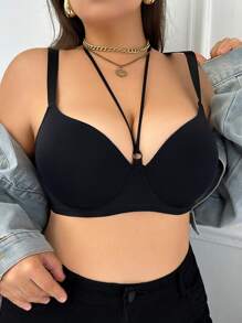 Plain Solid Color Minimalist Lace-Up Halter Neck Wireless Padded Bra For Women, Plus Size , Black - Black - View 1