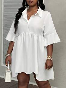 Slaydiva Plus Elegant Commuter & Daily Casual White Shirt Style Dress With Asymmetrical Hem And Half Placket For Women, Summer - White - View 1