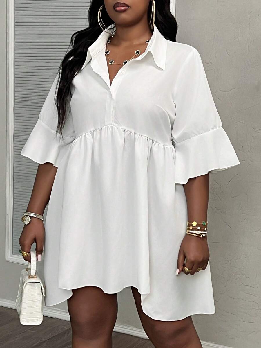 Slaydiva Plus Elegant Commuter & Daily Casual White Shirt Style Dress With Asymmetrical Hem And Half Placket For Women, Summer - White - View 1