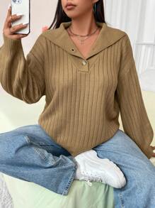 Flirla Plus Size Simple Solid Color Half Button Long Sleeve Sweater Knit Pullover Fall Winter - Khaki - View 4