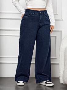 EURMUSE 100% 纯棉加大码高腰深色洗水阔腿男友牛仔裤 - 藏蓝色 - 查看 5