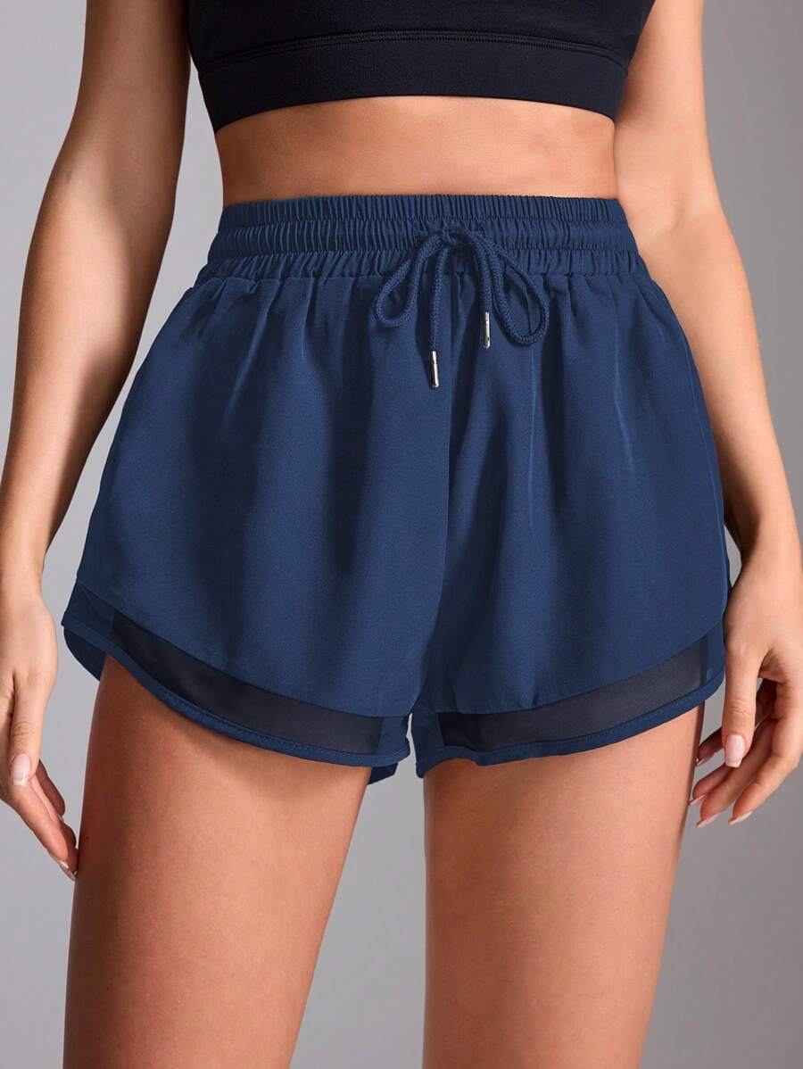 SHEIN Sports Women's Navy Waistband Drawstring Mesh Contrast Sports ShortsWomen Sweat Short, Gym Short, Biker Short Comfy Short