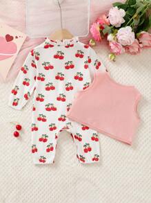 SHEIN 2pcs/Set Baby Girl Cute Digital Cherry Print Ruffled Collar Jumpsuit And Solid Color Fleece Vest Homewear Set - Multicolor - View 2